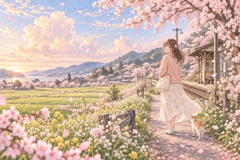 女孩和小猫走在阳光洒落的乡间小路上